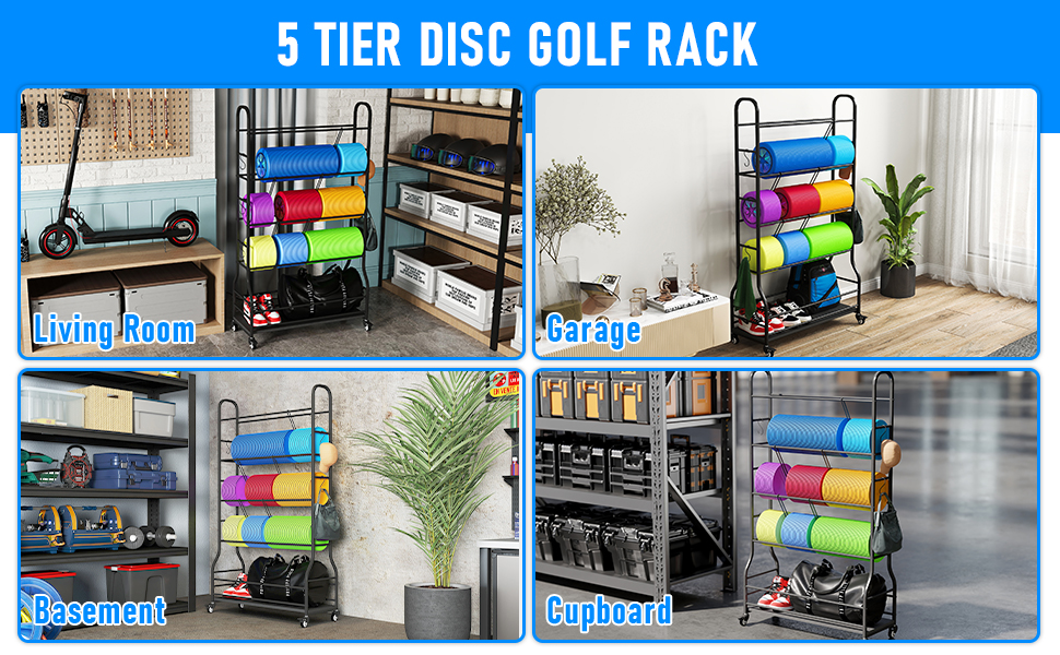YAGEANNL 5 Tier Disc Golf Storage Rack with Wheels, 30 IN