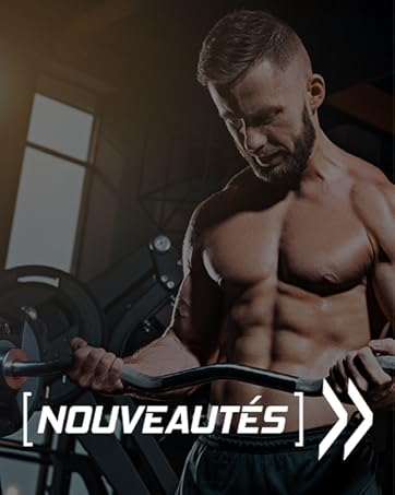 Le texte indique « NOUVEAUTES » avec une flèche. Image sur le thème du fitness montrant un physique musclé pendant une séance d'entraînement.