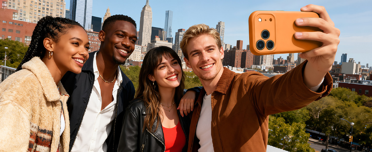 OTOFLY Magnetic Case for iPhone 17 Pro Max, Magsafe Compatible, Classic Liquid Silicone Mobile Phone Case, Built-in Camera Control Button, Anti-Scratch Microfiber Lining, Orange 22 A group of people outdoors taking selfies in natural lighting during what appears to be a social gathering.