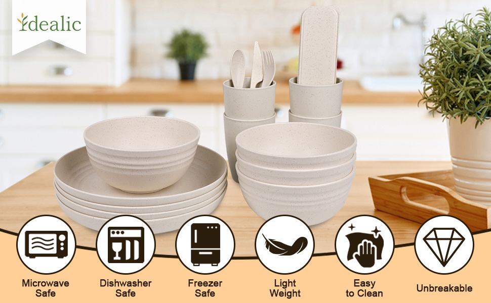 Idealic Wheat Straw Dinnerware Set, 28Piece Unbreakable