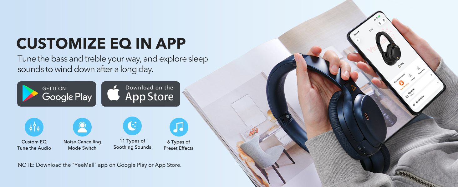 1Mii E700 Wireless Bluetooth Over Ear Headphones with Active Noise Canceling Custom EQ via App