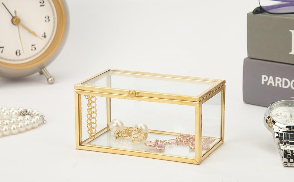 WHSLILR Vintage Glass Jewelry Box Rectangular Gold Glass