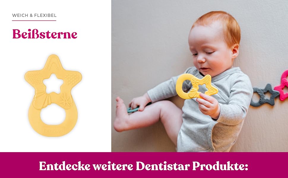 Star-shaped yellow teething toy shown with product packaging featuring pink branding elements.