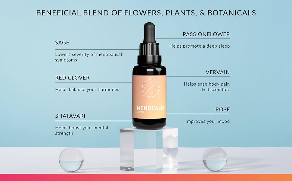 Our Menocalm Blend contains red clover, sage, & passionflower to help manage menstrual symptoms.