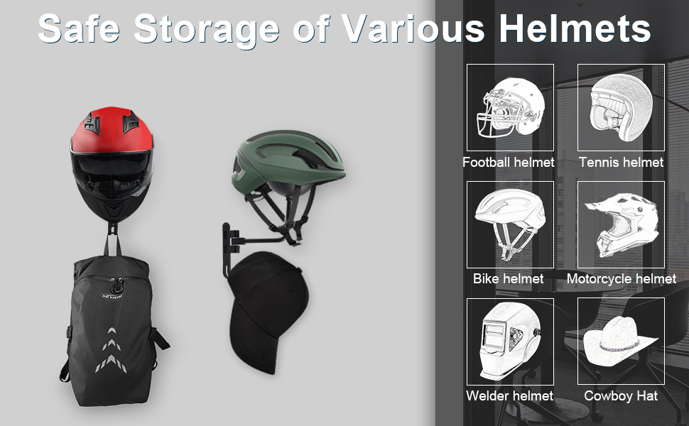 Helmet Holder Wall Mount Hanger with 2 Hook for Coats, Caps