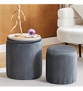 BLEXA Round Ottoman with Storage Set of 2-Upholstered Velvet Vanity Stool for Makeup Multifunctio...