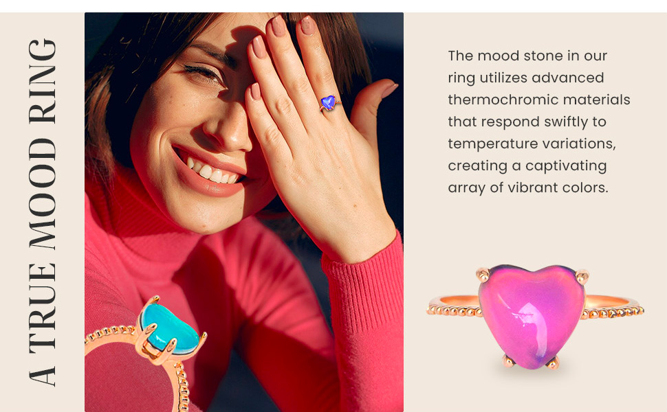 color change heart mood ring, girls mood rings ages 8-12 adjustable, moonstone ring