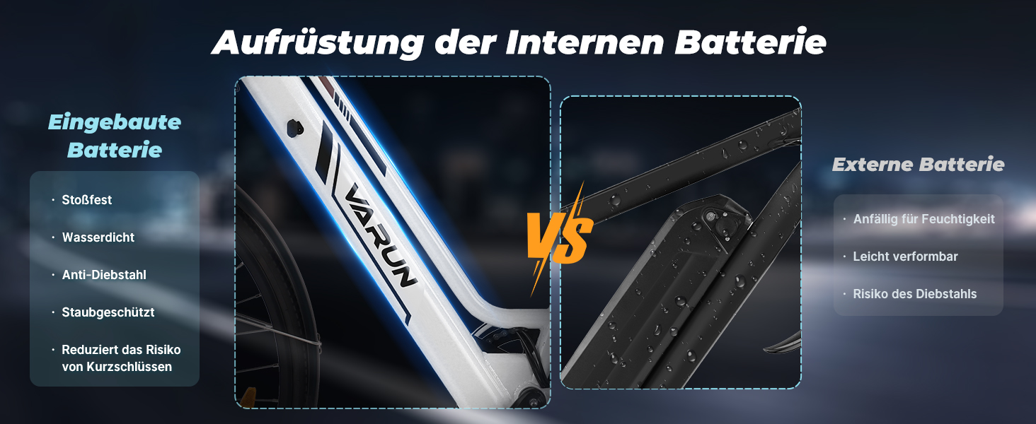 Vergleich interner und externer Fahrradbatterien, der Unterschiede in Bezug auf Integration, Sichtbarkeit und Platzierung am Fahrradrahmen zeigt.