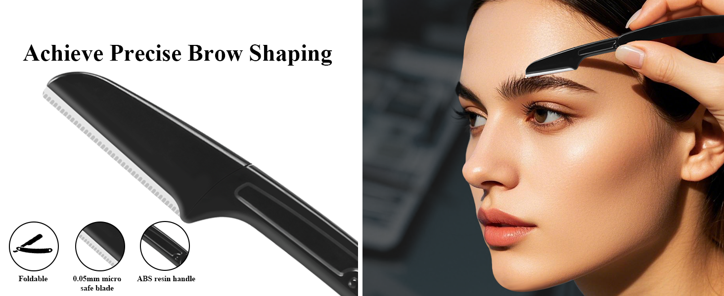 Black eyebrow trimmer with angled blade and comb attachment. Shown in use on a woman's eyebrow, demonstrating precise shaping capability.