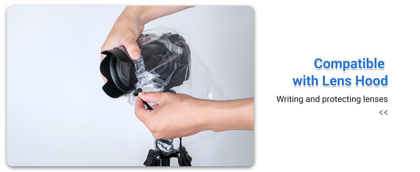 Text reads 'Compatible with Lens Hood' followed by 'Wiping and positioning lenses'. Image shows hands adjusting camera lens against white background.