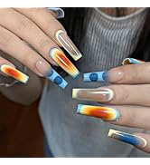 IMRAIN French Press on Nails Long Coffin Fake Nails Blue Yellow Ombre Fake Nails with Designs Ful...