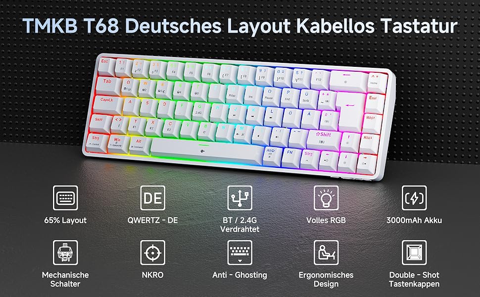 TMKB T68 Gaming Tastatur,60% Kabellos Mechanische RGB Tastatur mit Bluetooth/2.4G/Typ-C