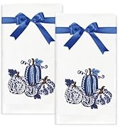 FYSUIMU 2Pcs Fall Porcelain Pumpkin Hand Towels Embroidered Cotton Bathroom Towel with Ribbon Chi...