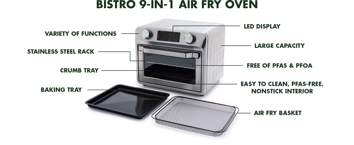 GreenPan Bistro Stainless Steel 9in1 Air Fry Oven, Nonstick Baking Pan, Stainless