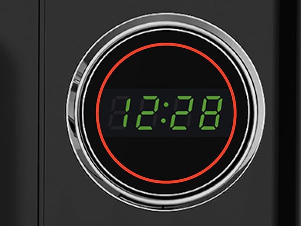 A control panel on a small microwave oven. Text reads: Digital display. 