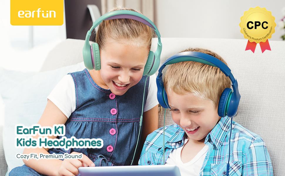 earfun k1 kids headphones headset with wired mic green violet 