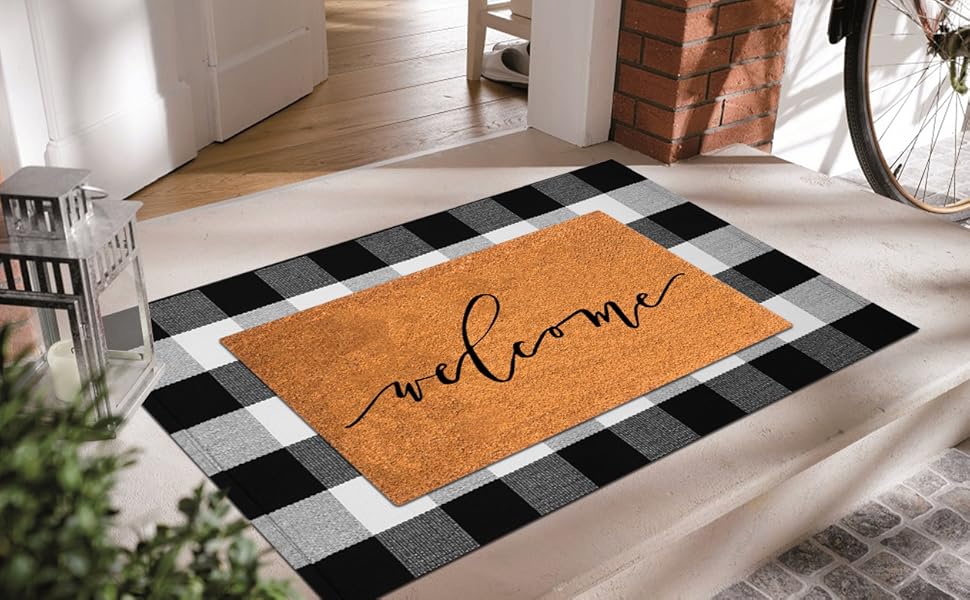 iOhouze Cotton Buffalo Plaid Rug Outdoor Doormat 27.5 x 43