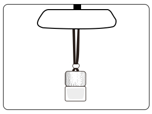 Illustratie van een achteruitkijkspiegel van een auto met een kleine fles of container die eraan hangt met een riem. De fles heeft een geribbelde dop en een gladde behuizing.