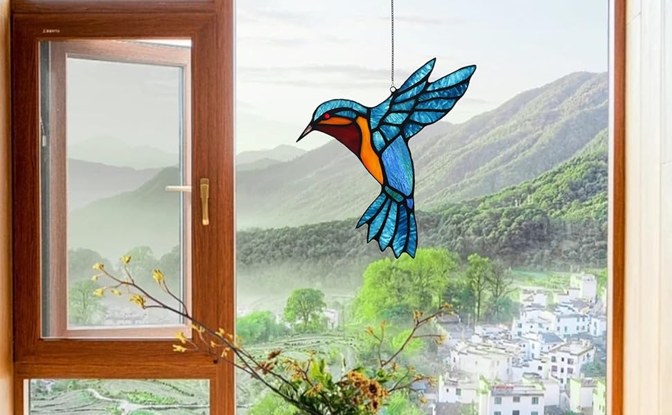 Kindoras Suncatcher Bird Design Stained Glass Style Metal& Acrylic Window  Hanging, Metal Bird Art Ornament, Beautiful Hanging Pendant Suncatcher for  Windows Home Decor