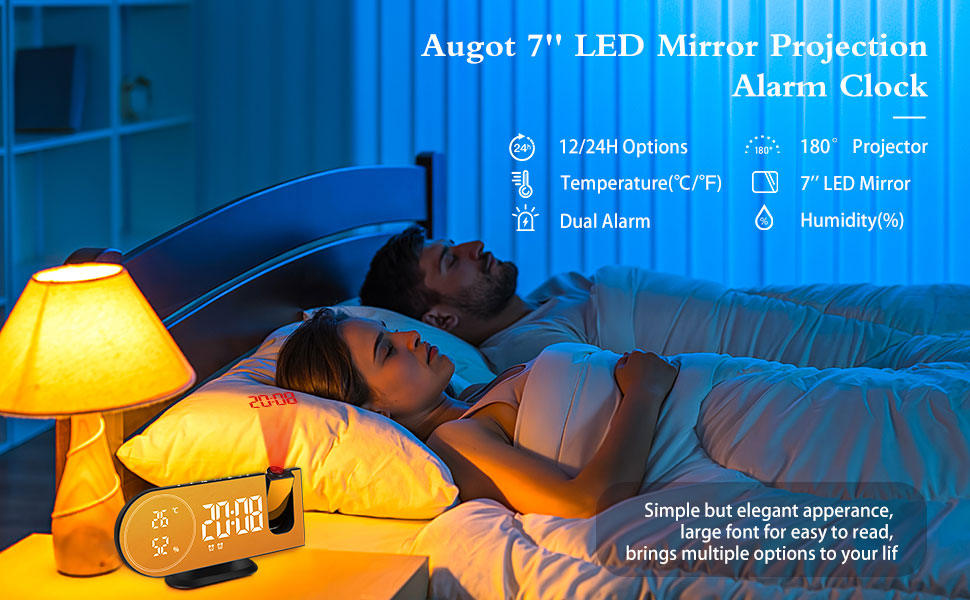 Augot Projection Alarm Clock, Alarm Clocks Bedside with 180° Rotatable