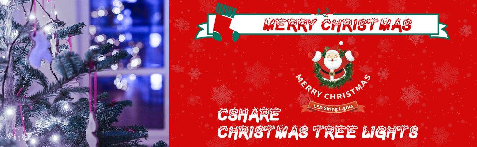 Christmas tree lights product image with 'MERRY CHRISTMAS' banner. Shows lit Christmas tree branch against blue background.
