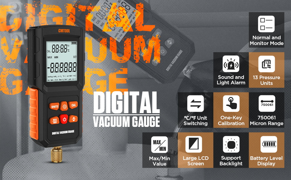 CMTOOL Vacuum Gauge HVAC Digital Micron Gauge HVAC Micron Vacuum Gauge Tester 100KPa