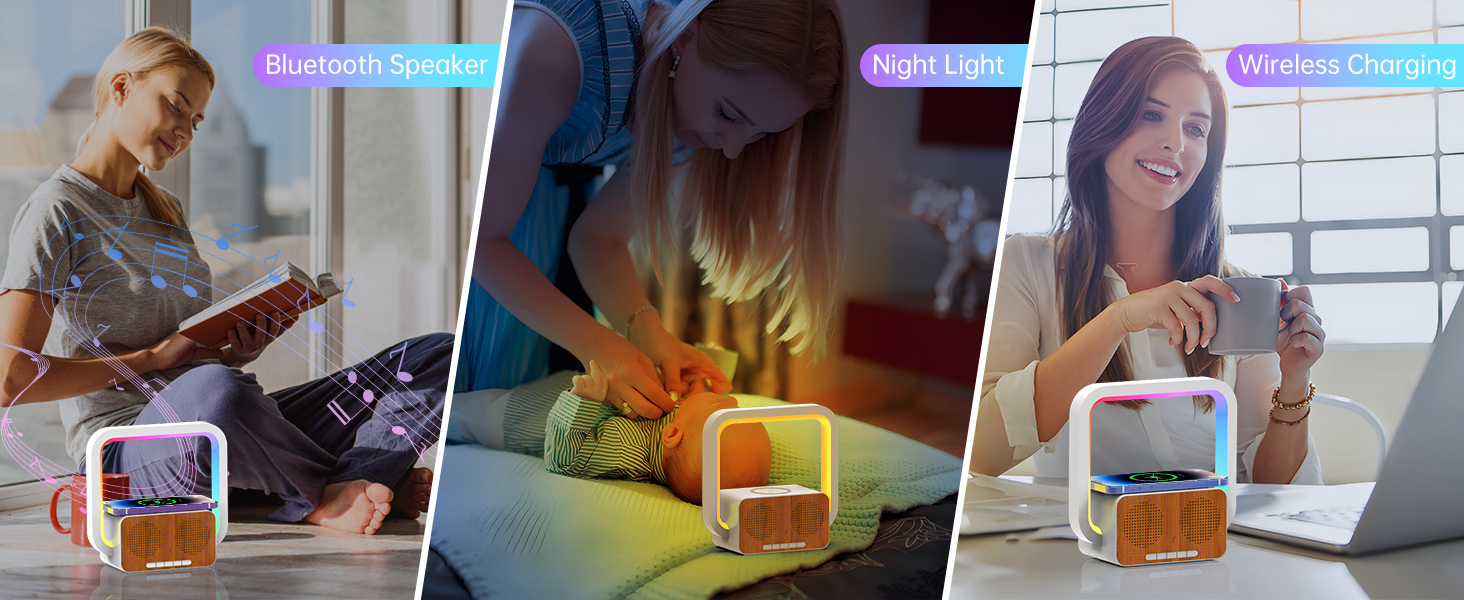 Imagen promocional de tres paneles que muestra un dispositivo iluminado con superposiciones de texto que indican el altavoz Bluetooth, la luz nocturna y las capacidades de carga inalámbrica