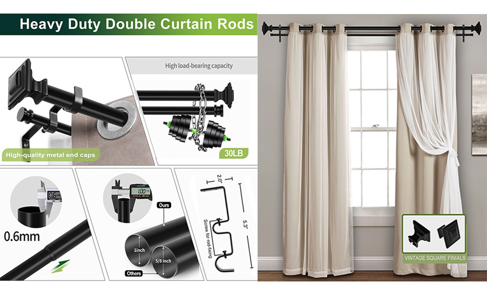 Black Double Curtain Rods for Windows 36 to 72 Inch(36Ft