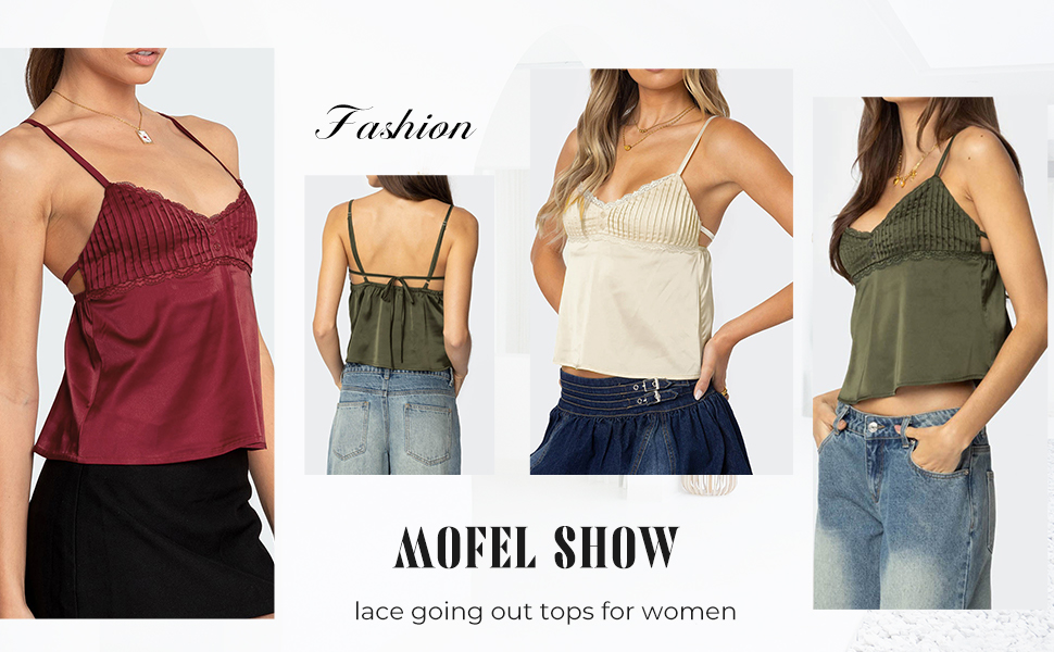 Women Y2k Lace Trim Tank Crop Tops Going Out Spaghetti Strap