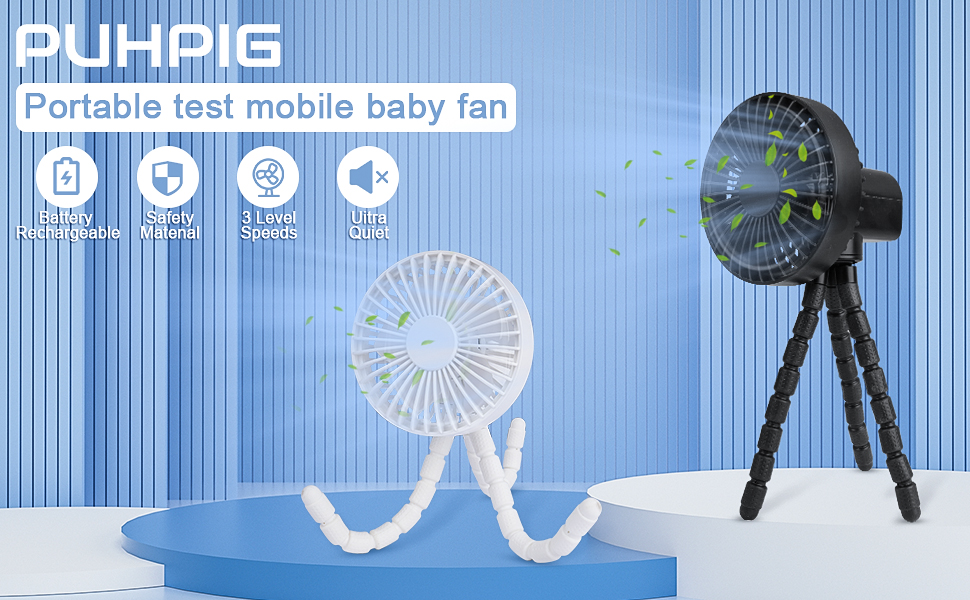 PUHPIG Portable Oscillating Pram Fan,Mini Handheld Personal Car Seat Baby Fan with Flexible