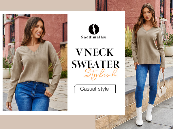 Saodimallsu Womens V Neck Sweater 2025 Fall Oversized Ribbed