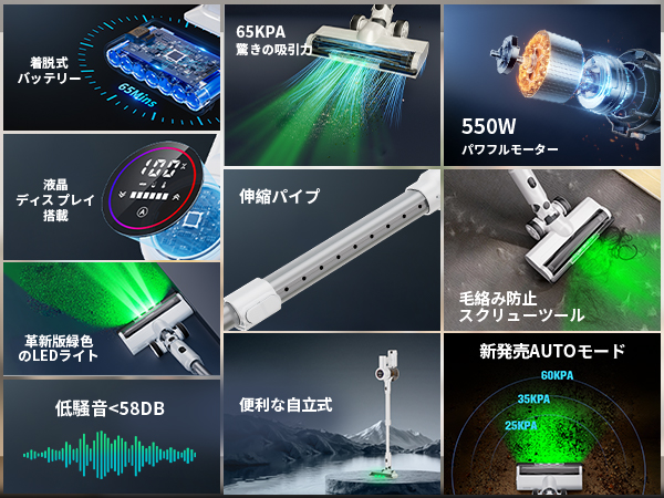 掃除機2025革新モデルグリーンLEDライト付&65KPa超強力吸引&LED液晶 掃除機2025革新モデルグリーンLEDライト付&65KPa超強力吸引&LED液晶