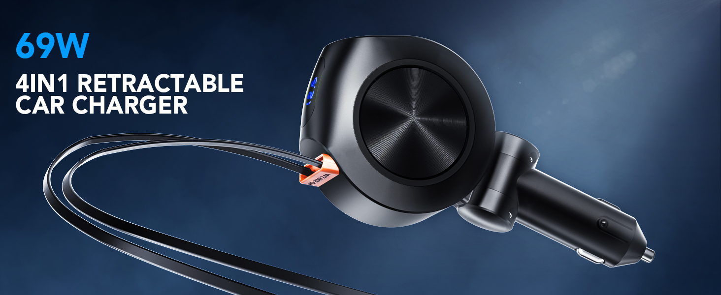69W 4-in-1 retractable car charger with a circular main unit and an extending cable against a blue background.