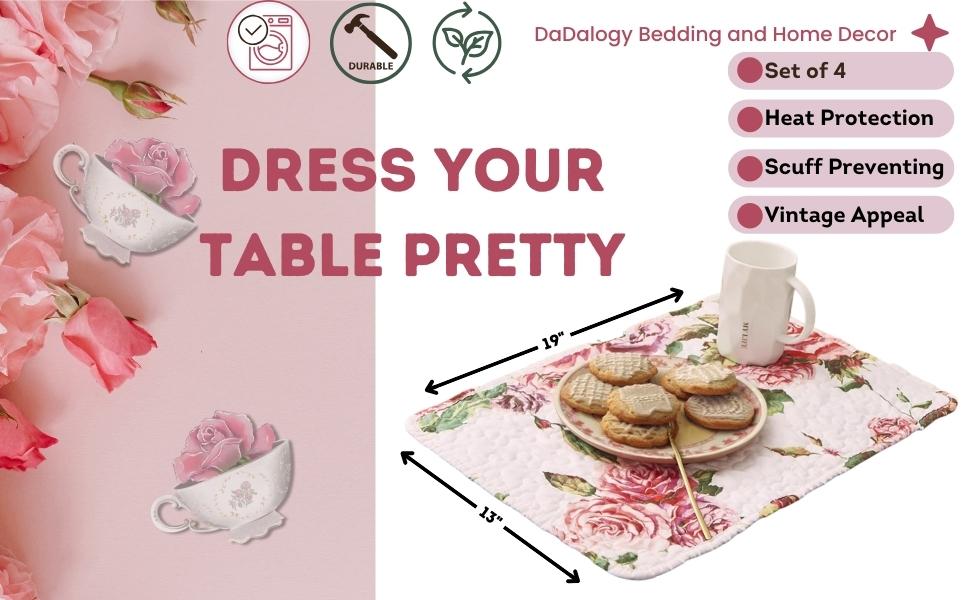 quilted placemat set of 4 with pink british roses