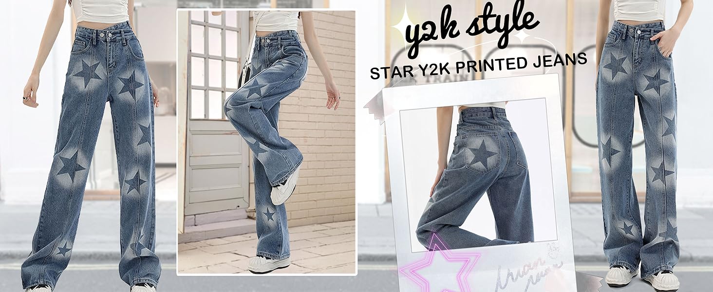 Pentagram Print Star Jeans Y2k Cargo Pants Women High Waist Cyber Y2k Jeans for Women Star Pants