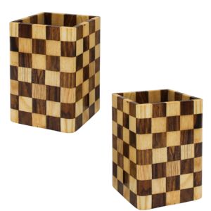 wooden pen holder in pack of 2 in check design