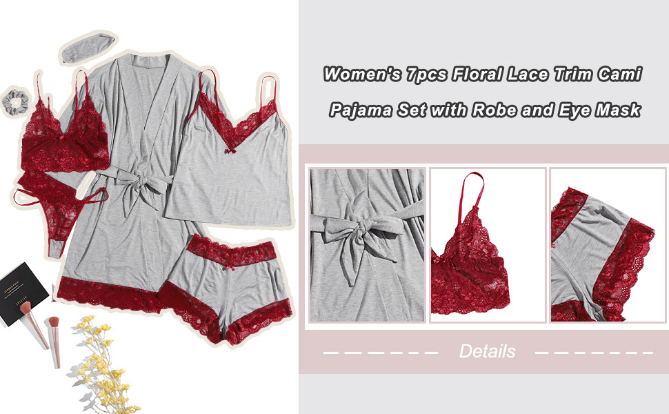  SheIn Women's 7pcs Floral Lace Trim Cami Pajama Set with Robe and Eye Mask 