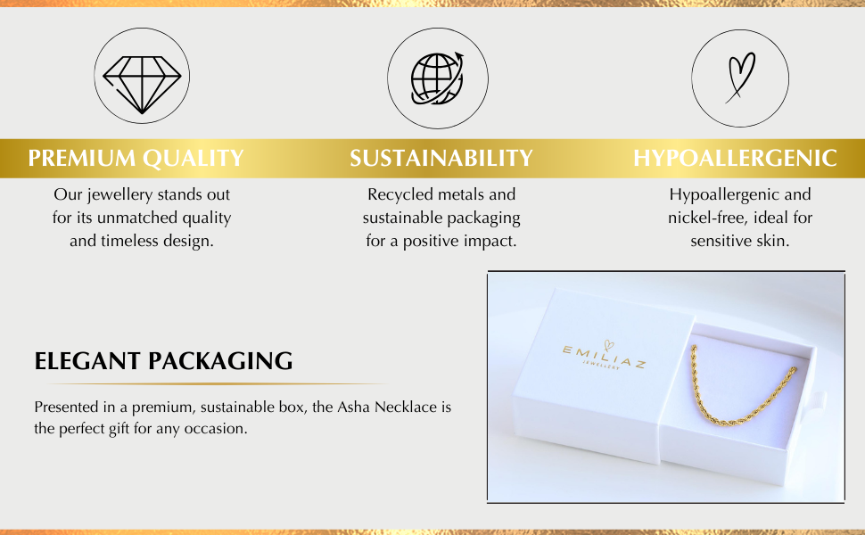 EMILIAZ Asha Necklace 18K Gold Plated Rope Chain for Women, 3mm 46cm Stainless Steel, Elegant Trendy Jewellery for Layering, Stackable, Lead & Nickel-Free, Women's Everyday Jewellery, with Gift Box 18 18k Gold Plated Asha necklace – minimalist, sustainable jewellery by EMILIAZ.