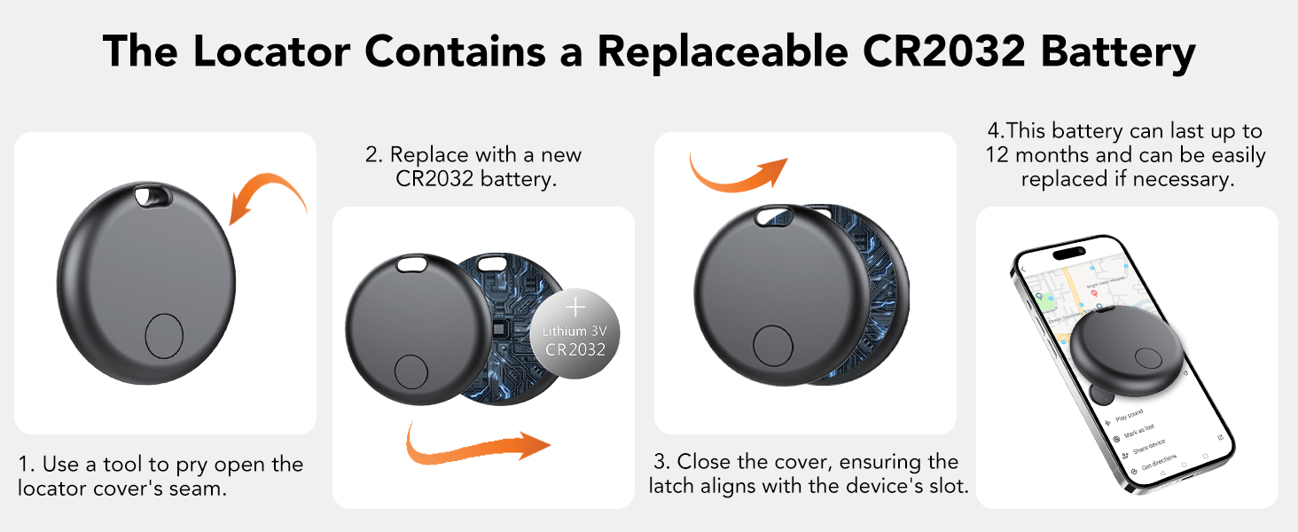 Text reads 'The Locator Contains a Replaceable CR2032 Battery'. Instructional diagram showing steps for battery replacement in a tracking device with detailed illustrations.