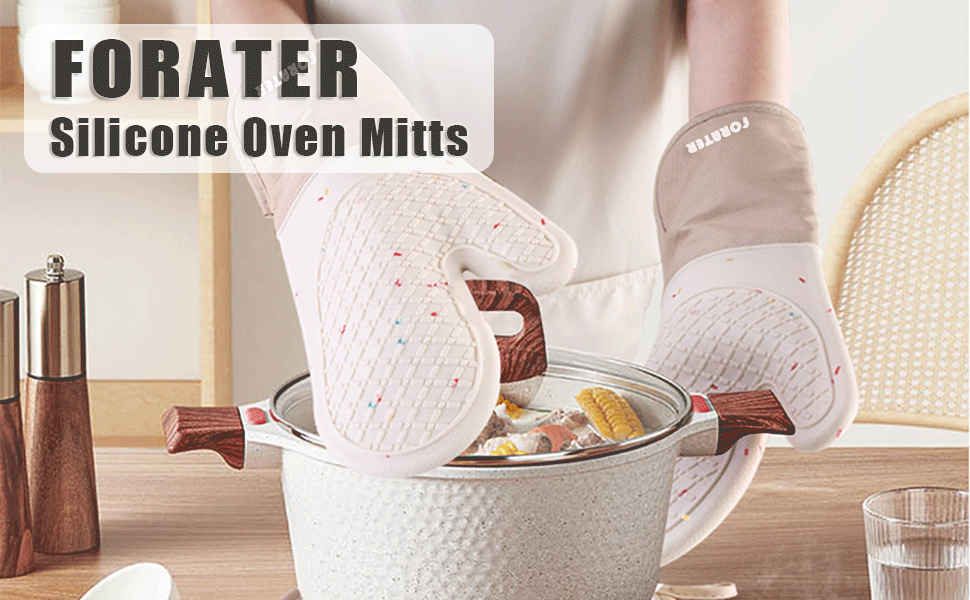 Long Silicone Oven Mitts with NonSlip Grip, 13.2'' Heat