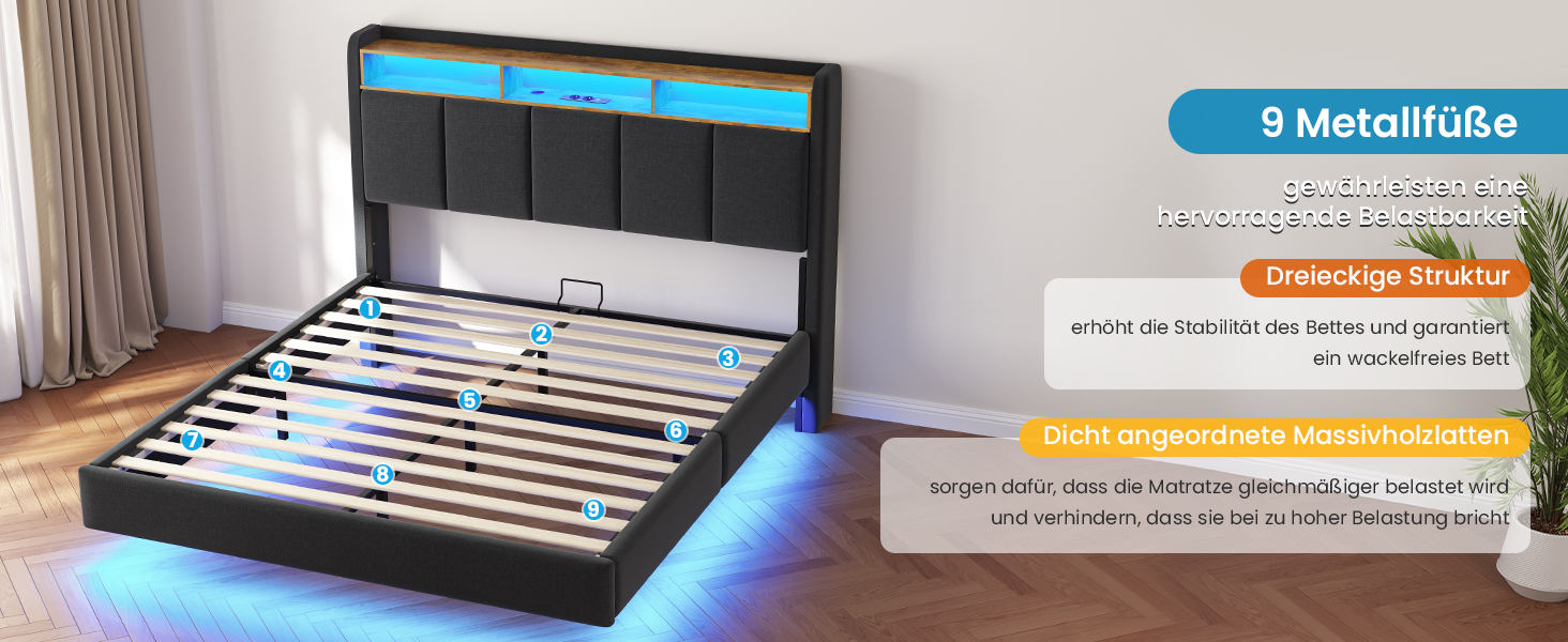 Modernes Bettgestell mit schwarz gepolstertem Kopfteil, integrierter LED-Beleuchtung und Holzlatten. Verfügt über 9 Metallbeine als Stütze und verstellbare