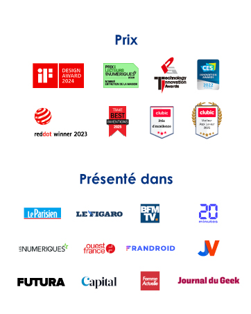 El texto dice «Prix» seguido de una colección de logotipos de medios y publicaciones, como Le Figaro y otros medios de comunicación franceses.