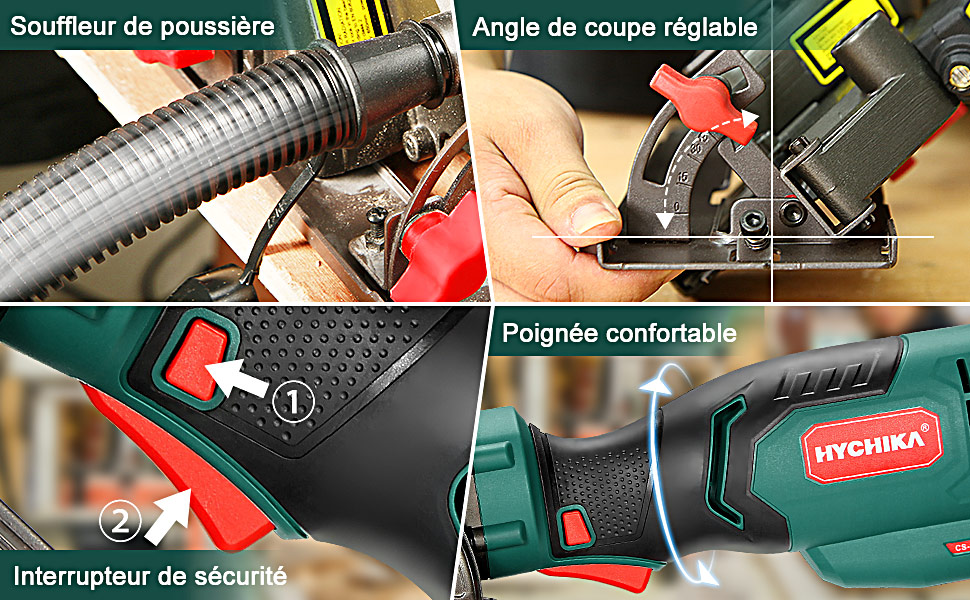 Scie Circulaire 750W, HYCHIKA Mini Scie Circulaire 3500RPM, Profondeur De Coupe Maximale 48mm (90°) Et 32mm (45°), Moteur En Fil De Cuivre Pur 13 Scie Circulaire