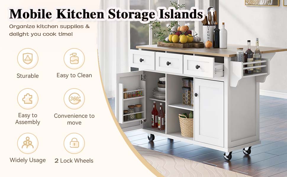 Gooamz 53” Rolling Kitchen Island Cart with Drop Leaf and