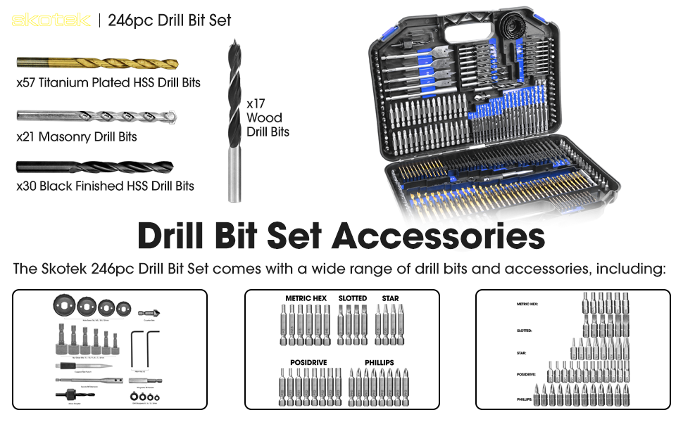 Skotek Combination Drill Bit Set, Includes HSS Titanium Twist Drill