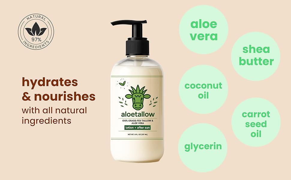 natural after sun lotion with aloe vera, shea butter, coconut oil, tallow for sunburn relief