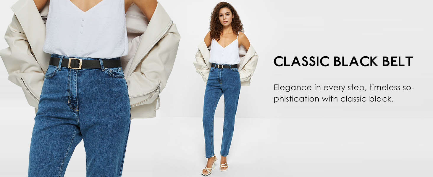 Women&#39;s Leather Belts for Jeans Dress Pants Black Brown Belts for Women Ladies Belts Gold Buckle