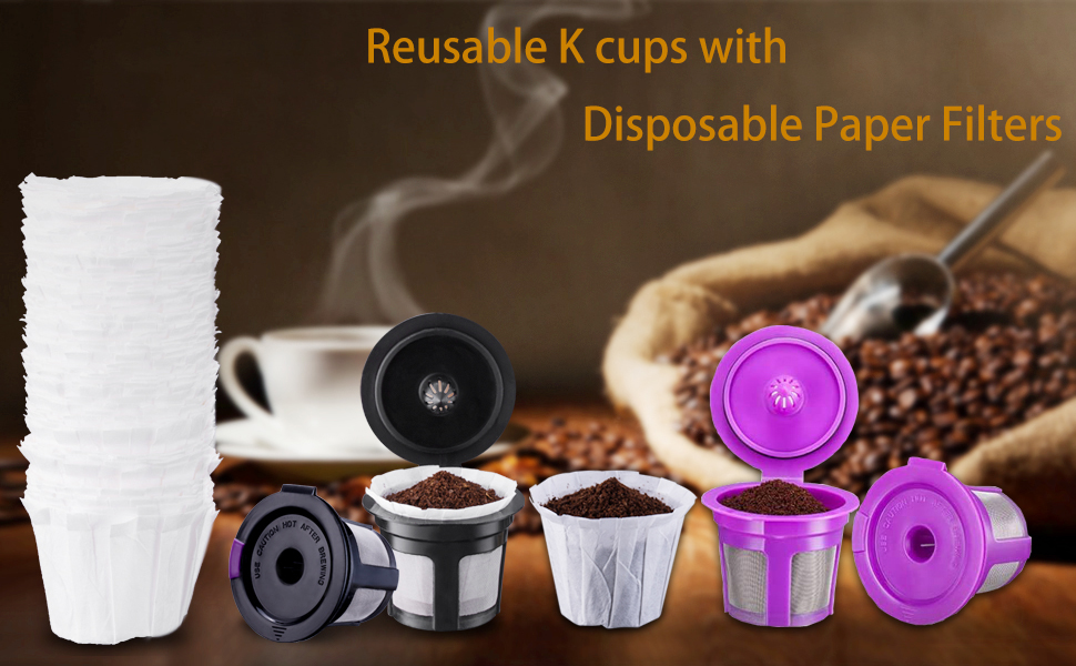 Reusable K Cups with Paper Filters Set, Including 4 Pack K Cups and 100 PCS Coffee Filters for