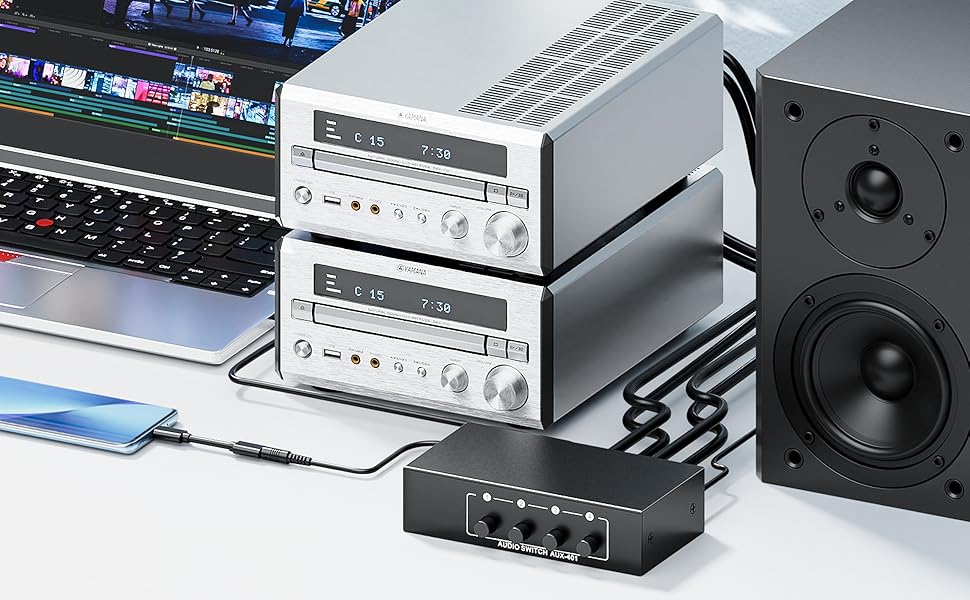 3.5mm Aux + RCA L/R Bi-Directional Stereo Audio Switch 4 in 1 Out A/B Analog Audio Switcher Selector