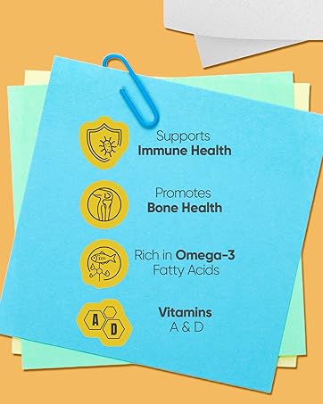 Icons highlighting immune support, bone health, omega-3, and vitamins A & D